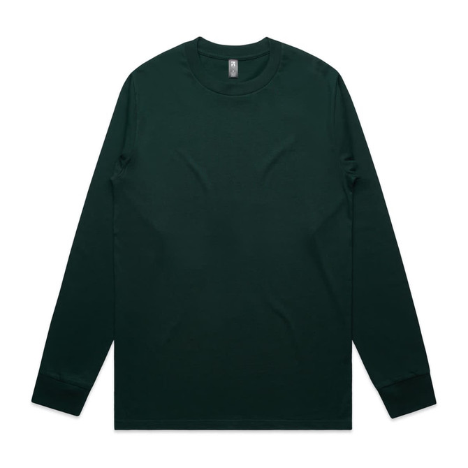 A dark green long-sleeve t-shirt with a round neckline and a logo on the label.