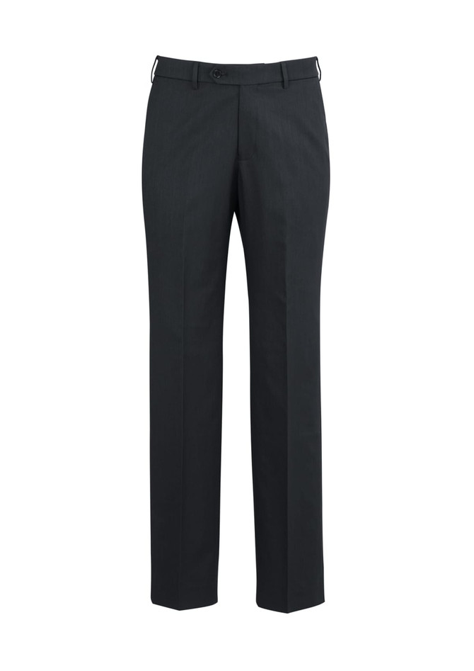 Black slacks with a straight leg design and adjustable waist. Features a branded logo.
