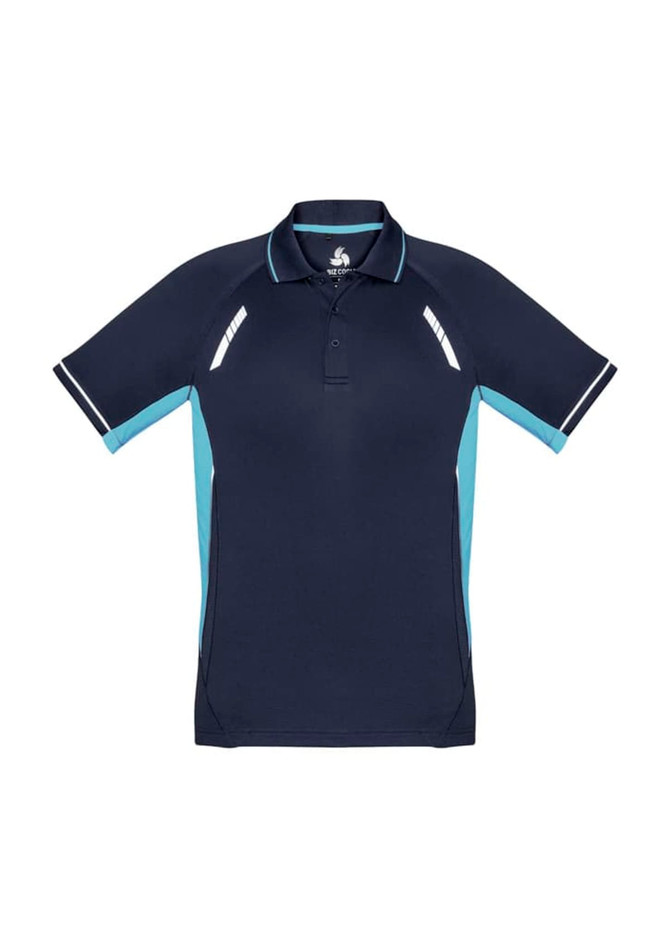 A navy blue short sleeve polo shirt with light blue accents and a logo on the chest.