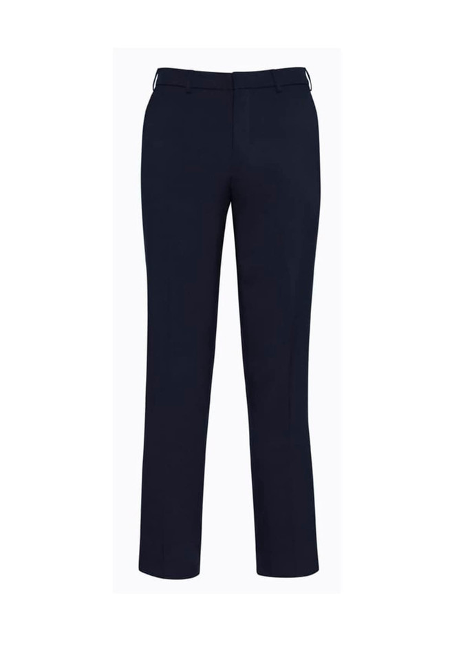 Dark navy slimline pants with a smooth finish and a waistband, featuring a logo on the back.