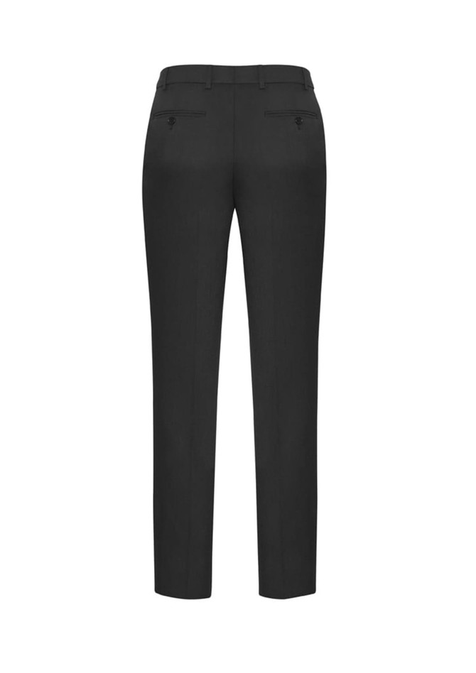 Men's slimline pants in dark grey wool stretch fabric, featuring a tailored design and back pockets.