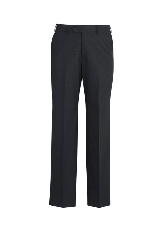 A pair of dark grey wool stretch adjustable waist pants with a straight-leg fit and a waistband.