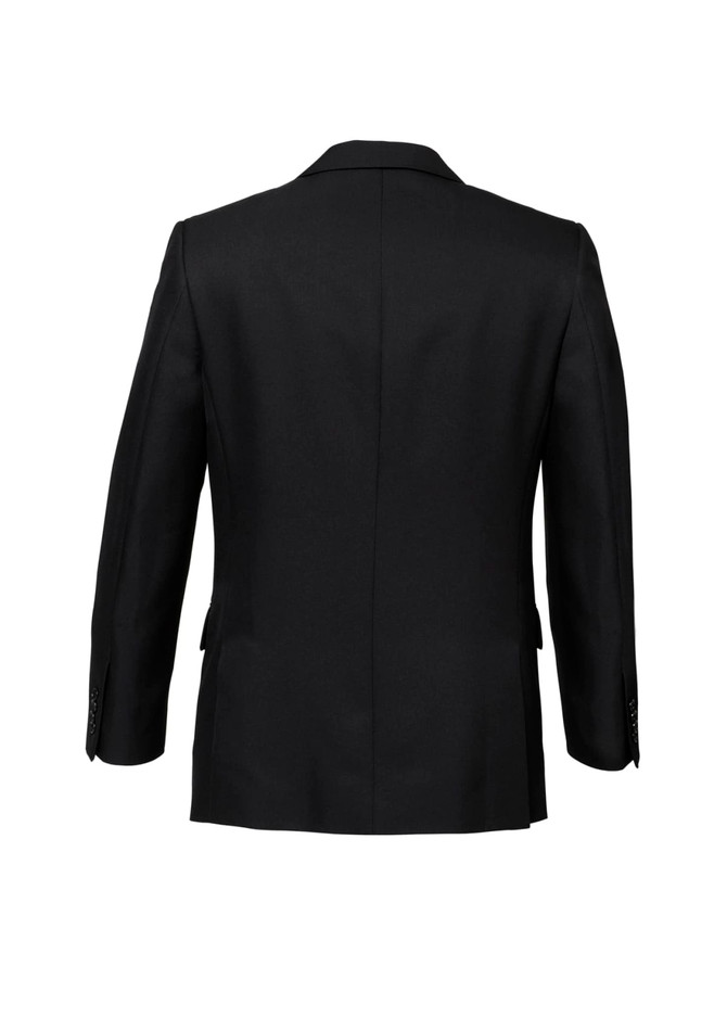 A black men's classic jacket featuring a two-button design and a structured fit, with a visible logo.