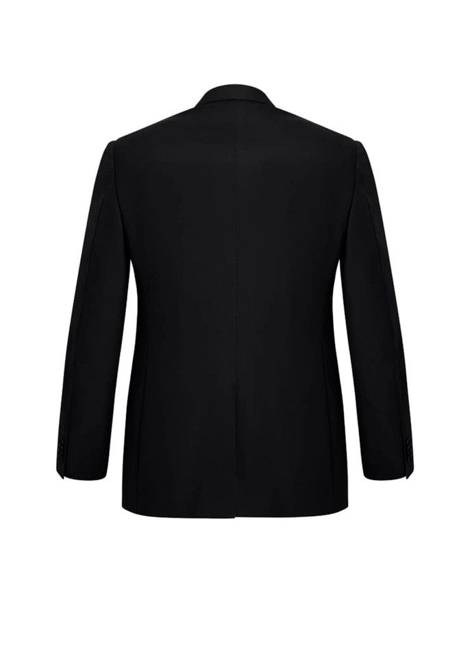 A black men's blazer featuring a classic two-button design and a branded logo on the back.