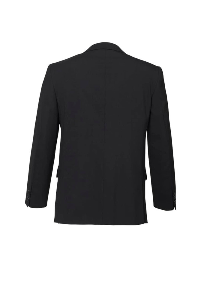 A black men's comfort wool stretch jacket featuring a classic two-button design and a rear view.