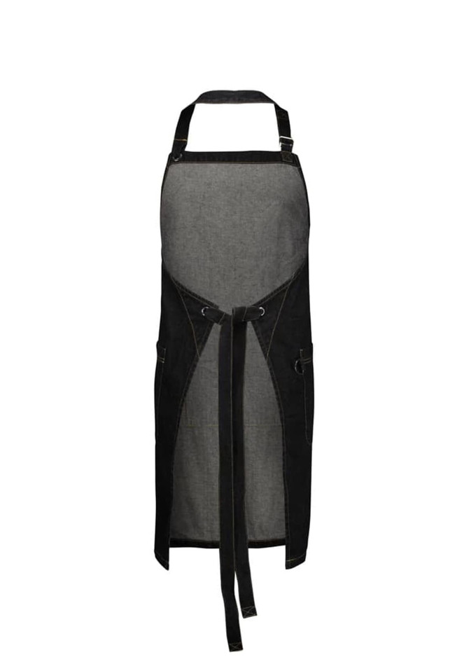 A black and grey apron with adjustable straps, features two pockets and a tied waist. It has a logo.