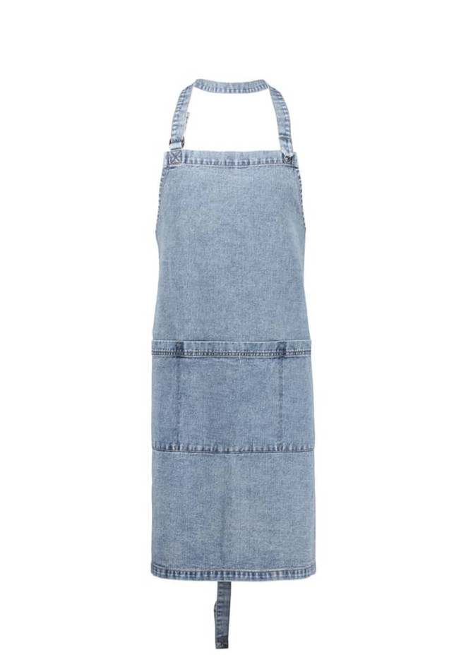 A denim apron in light blue with adjustable straps and front pockets, featuring a logo on the front.