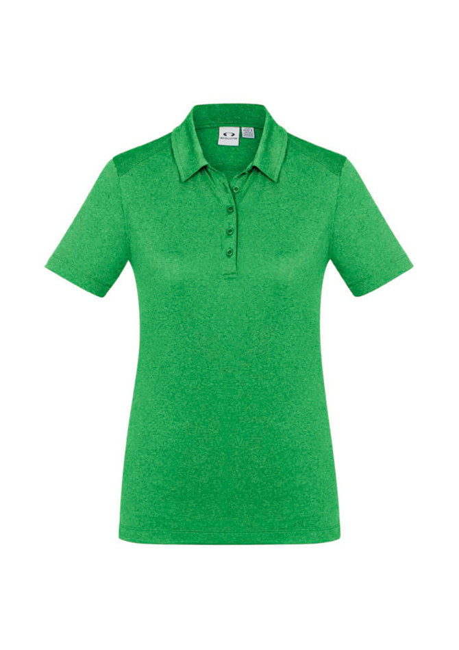 A women's polo shirt in a vibrant green shade with short sleeves and a button placket. Features a logo.