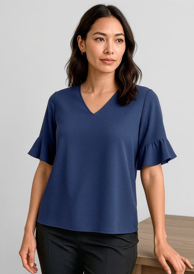 A navy blue women's blouse featuring fluted sleeves and a V-neck design, displayed on a model against a neutral background.
