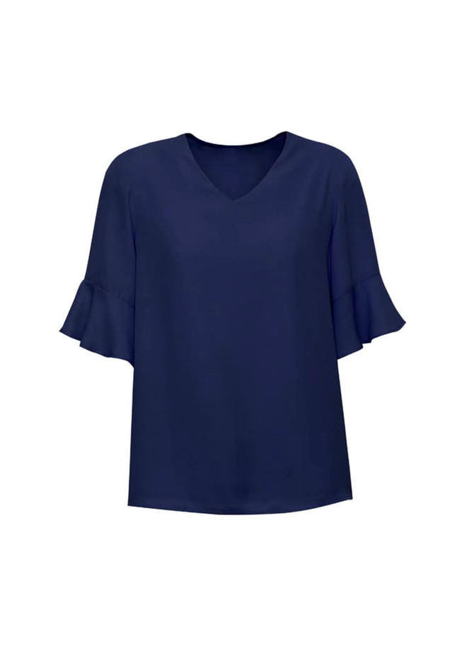 A navy blue women's blouse featuring fluted sleeves and a V-neck design. The blouse has a smooth fabric finish and a branding logo.