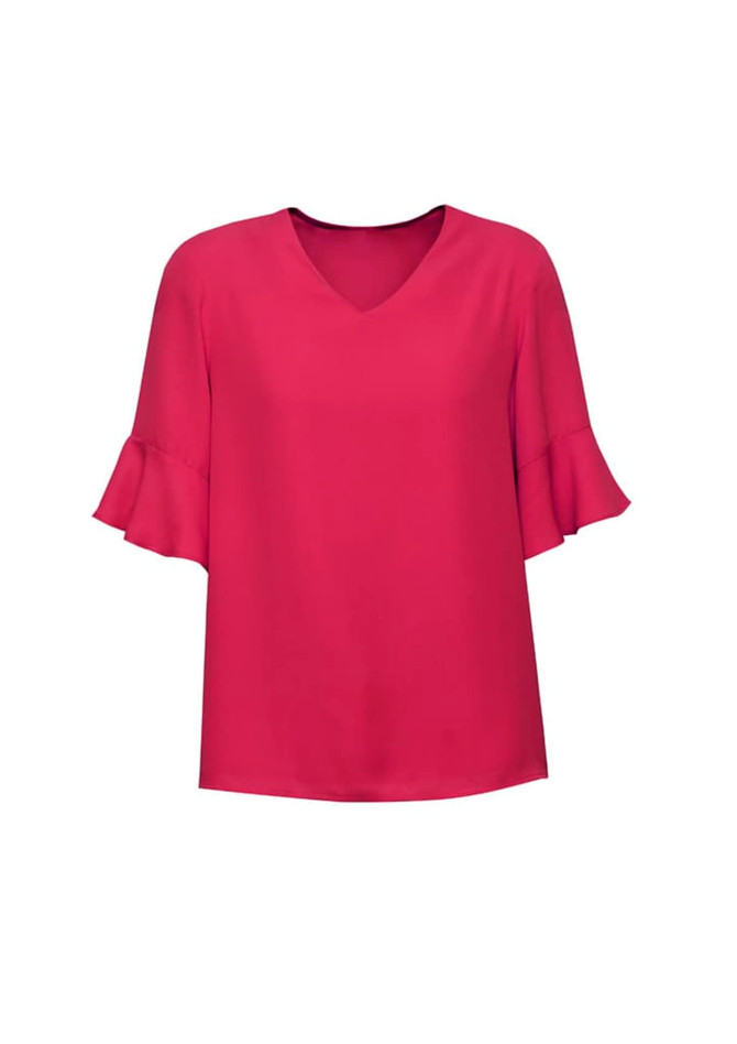 A bright pink blouse with fluted sleeves and a V-neck design. The garment has a simple, elegant silhouette.