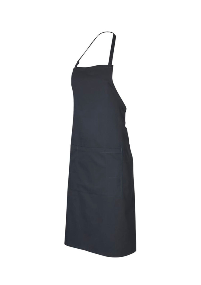 A dark grey bib apron with adjustable straps and a front pocket, featuring a logo on the fabric.
