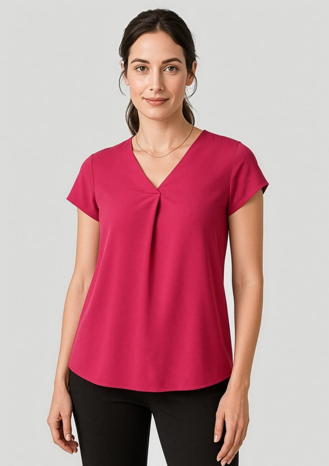 A women's V-neck pleat blouse in vibrant pink, featuring short sleeves and a relaxed fit.