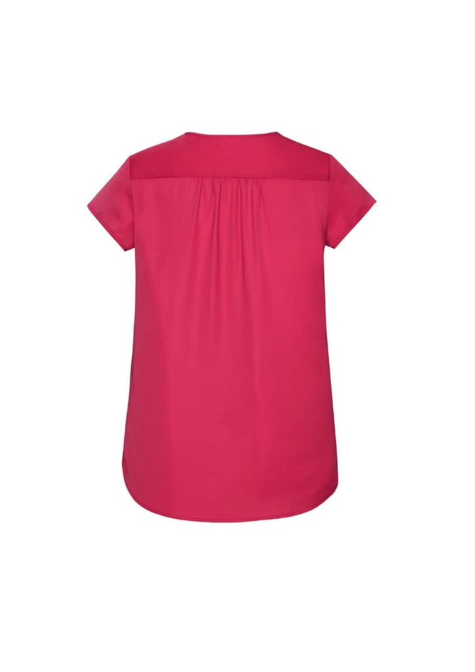 A pink women's blouse featuring a V-neck and pleat design at the back, suitable for casual wear.