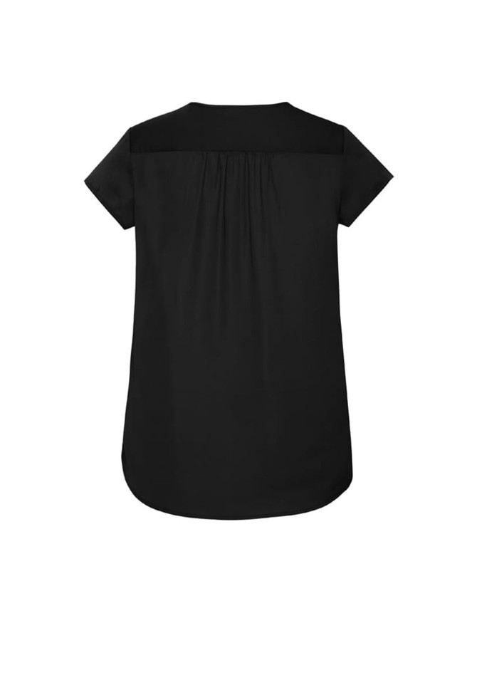 A black women's blouse featuring a V-neck and pleat detailing at the back. The design includes short sleeves.