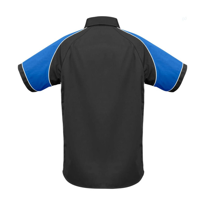 A short sleeve button-up shirt in black with blue sleeves and contrasting trim, featuring a logo.