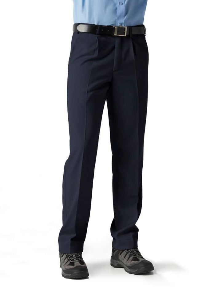 Men's navy slacks with a straight leg fit, featuring belt loops and a formal appearance. Designed with a logo on the waistband.