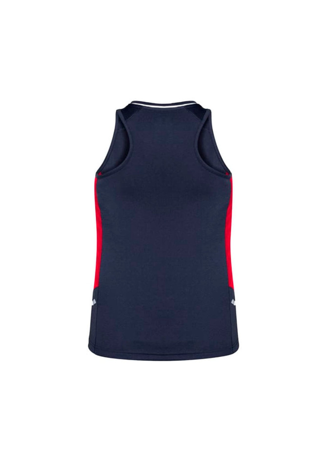 A navy singlet with red side panels and a racerback design, featuring a logo on the back.