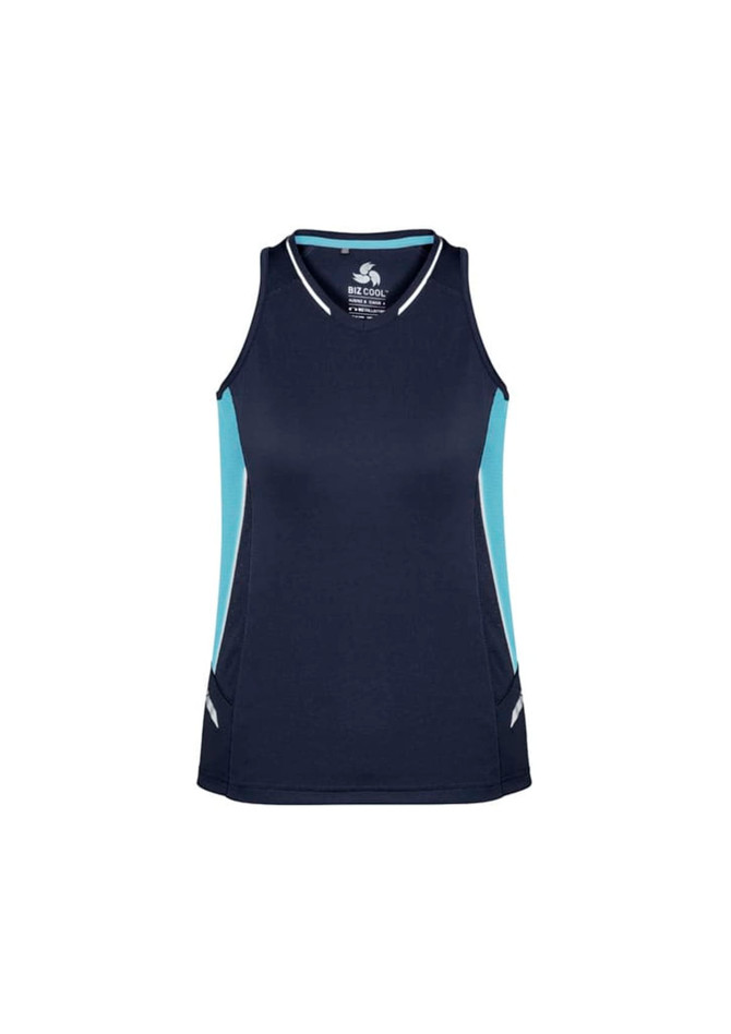 A navy singlet with light blue side panels, featuring a logo and a sporty design.
