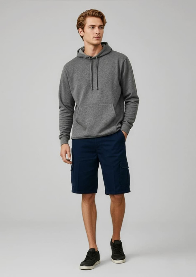 Mens Detroit shorts in navy, paired with a grey hoodie and black shoes. The shorts have a logo on them.