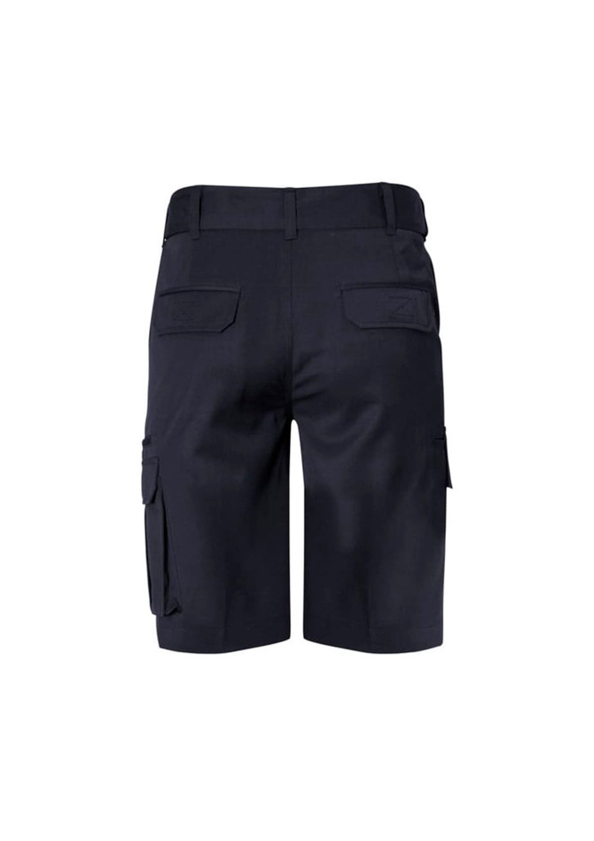 A pair of navy dress shorts featuring multiple pockets and a branded logo on the back.