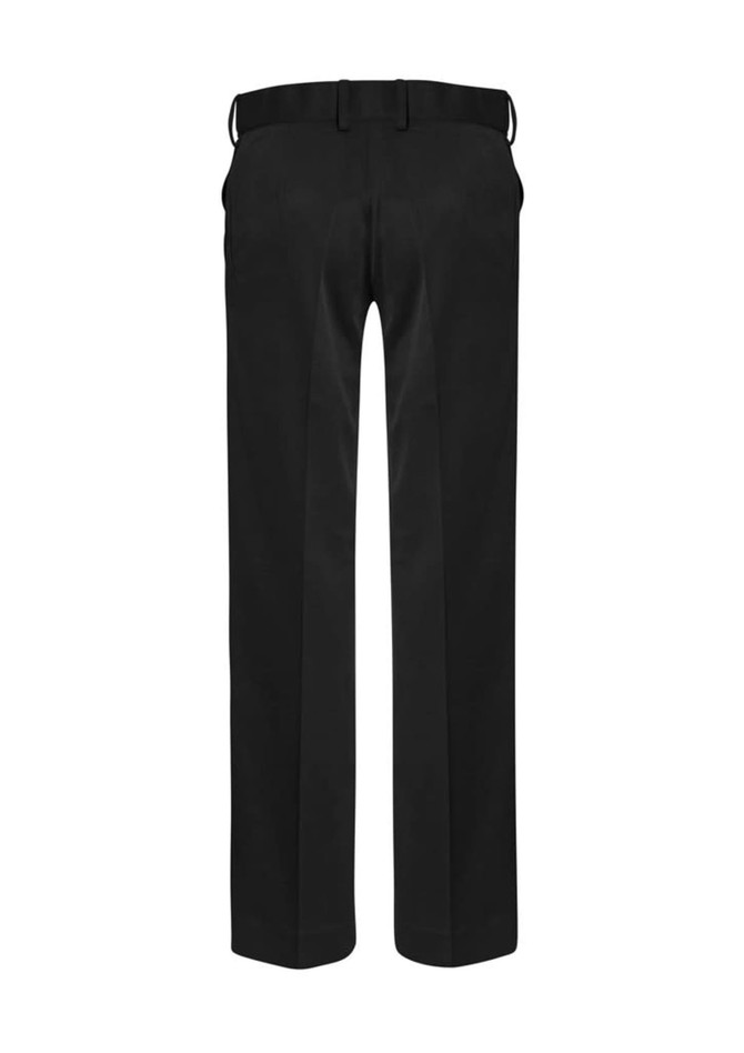 Black women's slacks with a straight leg design and a waistband featuring belt loops. The back view shows a tailored fit.