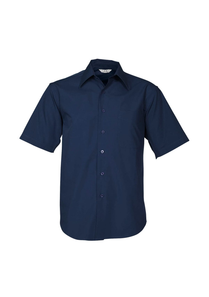 A navy blue men's short sleeve button-up shirt with a chest pocket and a collar. Features a logo.