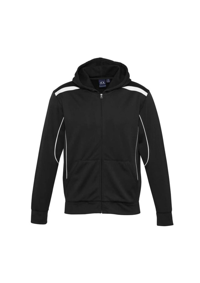 A black hoodie featuring white stripes, front pockets, and a hood, designed for kids. Includes a logo.