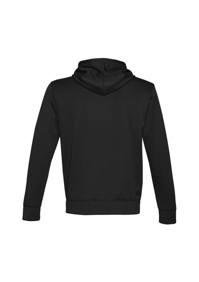 A black hoodie featuring a hood and long sleeves, designed for kids. The back view shows its simple design.