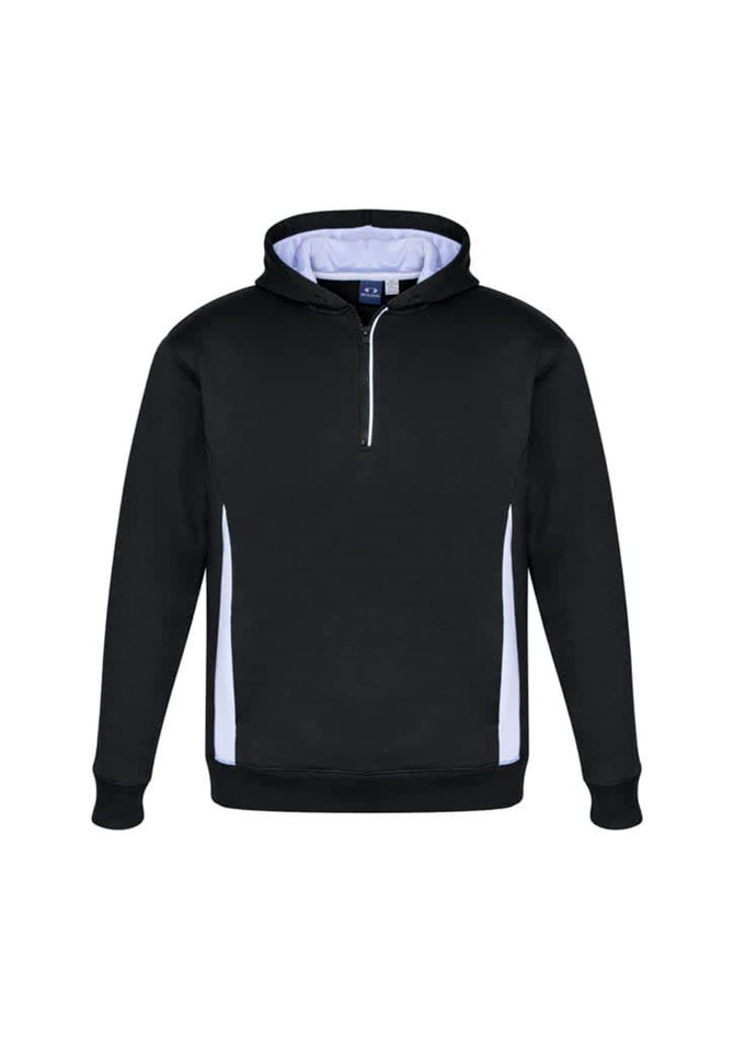A black hoodie with white detailing and a front zip. It features a hood and has a logo on it.