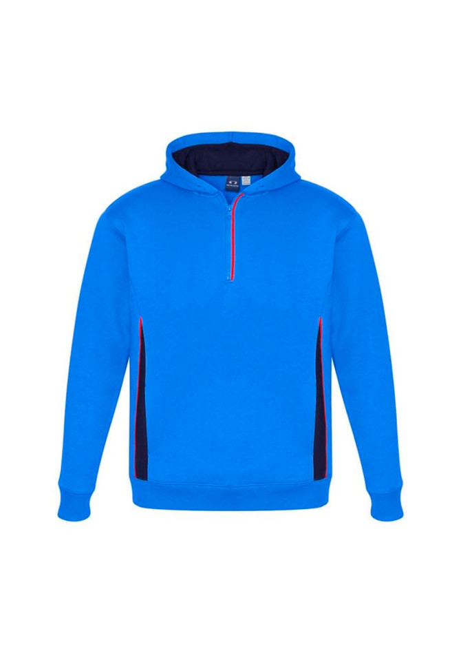 A blue hoodie with a half-zip and contrasting black and red side panels. It features a hood and a logo.