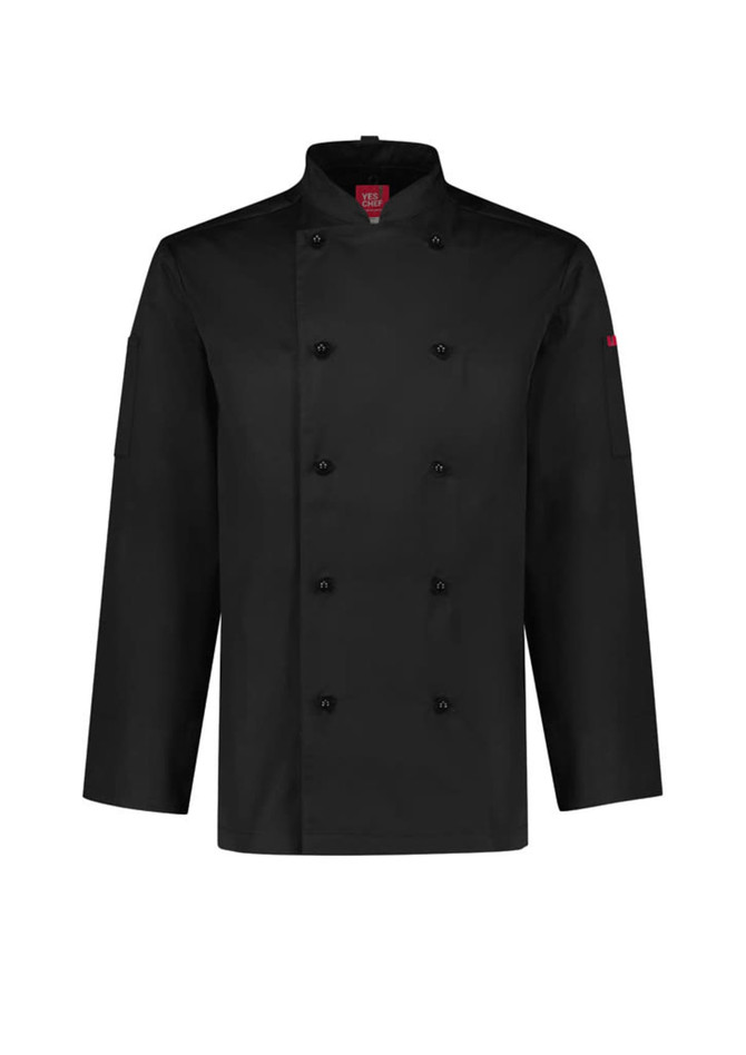 A black long sleeve chef jacket with a double-breasted design and a logo on the sleeve.
