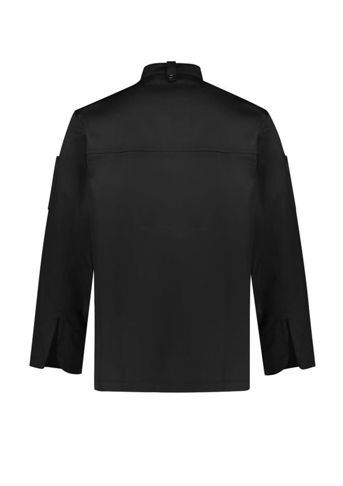 A black long sleeve jacket with a high collar and side vents, featuring a logo on the sleeve.
