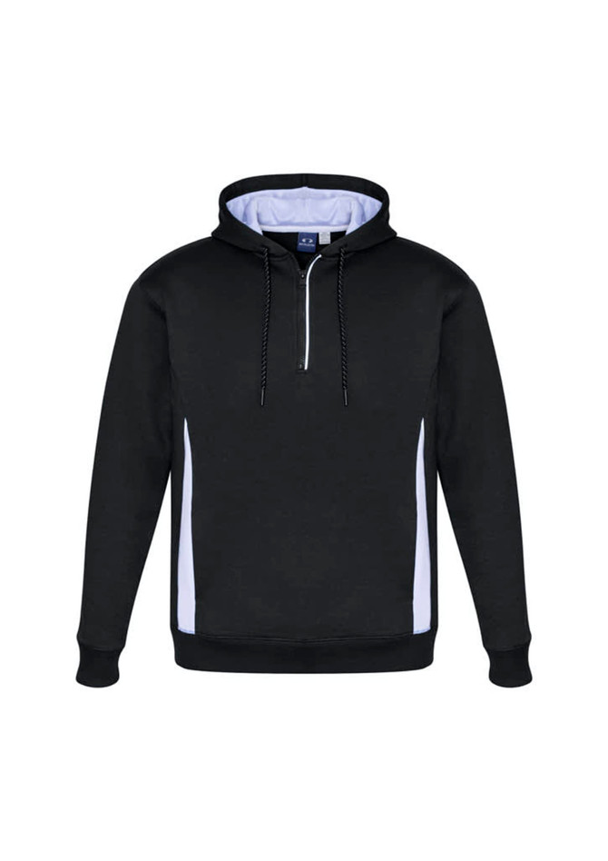 A black unisex hoodie with white side panels and a front zipper. It features a hood and has a logo.
