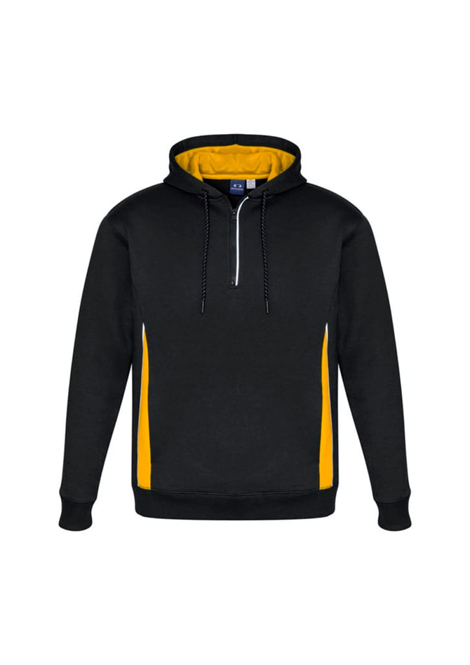 A unisex hoodie featuring a black exterior with yellow side accents and a zippered neck. Includes a logo.