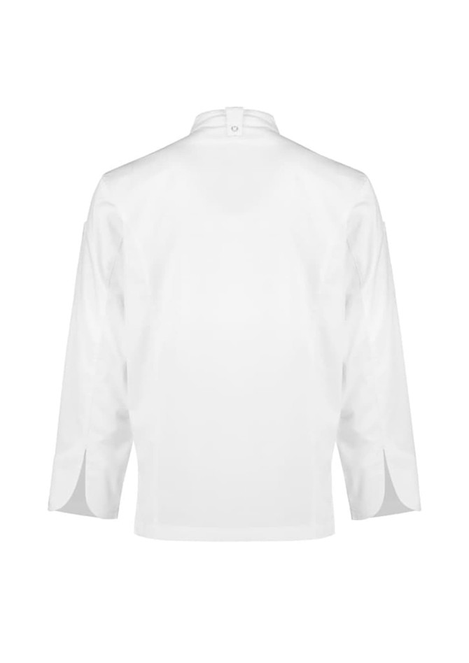 A white long sleeve chef jacket featuring a high collar and side slits, with a logo on the back.