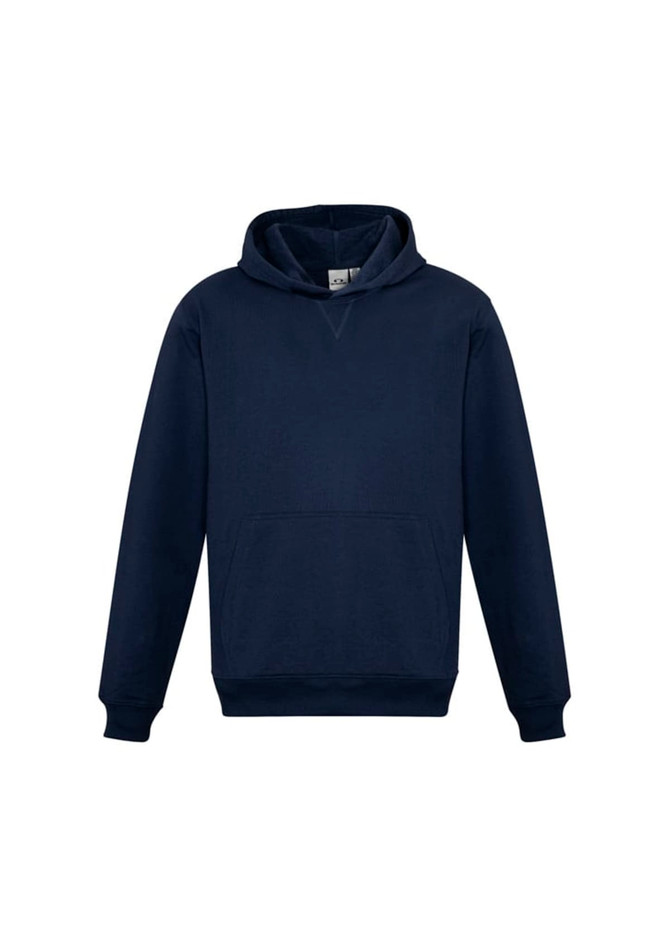 A navy blue kids' hoodie featuring a front pocket and a standard hood. It has a logo on the front.
