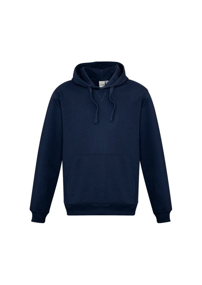 A navy men's crew hoodie with a front pocket and a drawstring hood. The garment features a logo on the tag.