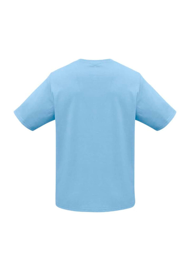 A short sleeve tee in light blue, featuring a simple design and a logo on the back.