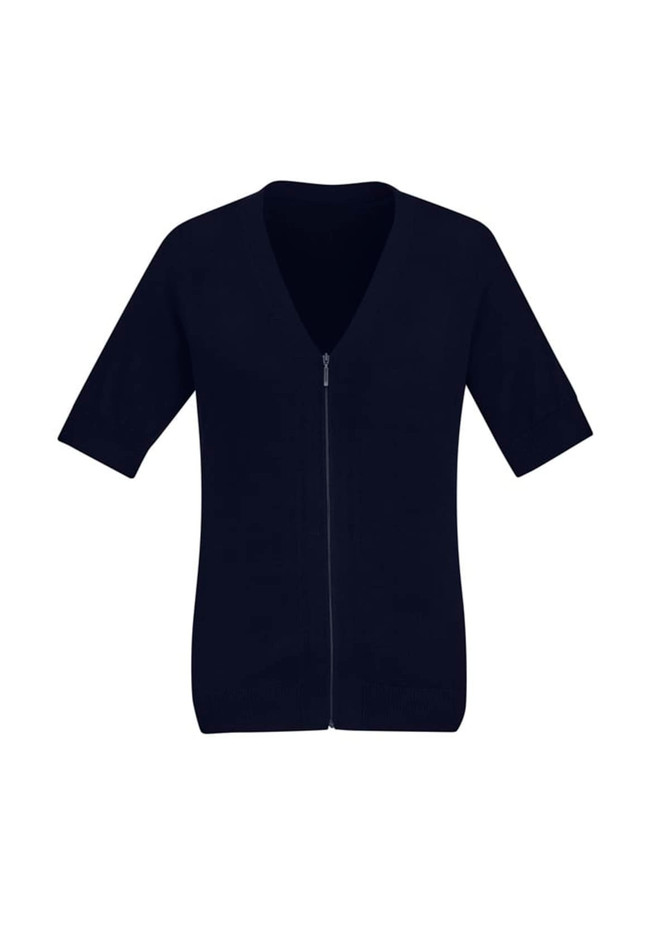 A navy short sleeve knit cardigan with a zip front and a V-neck design. It features a fitted hem and short sleeves.