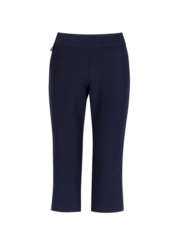 A pair of navy women's 3/4 length stretch pants with a fitted waistband and a small logo.