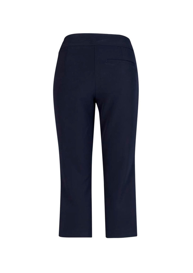 A pair of women's 3/4 length stretch pants in navy blue, featuring a back pocket and a simple design.