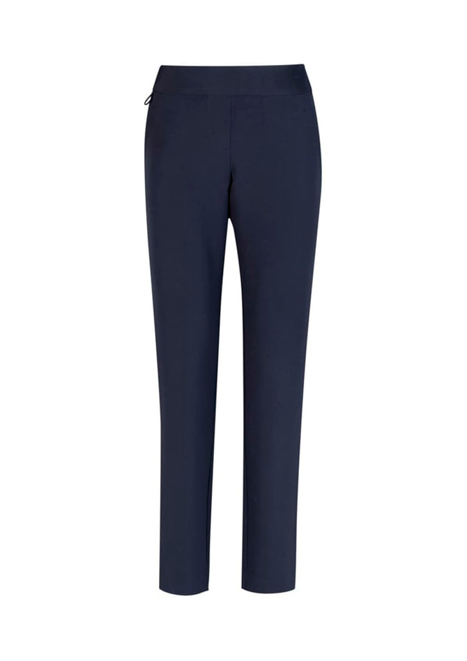 A pair of women's stretch pants in navy, featuring a sleek design and an elastic waistband.