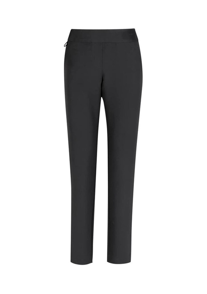 A pair of black women's stretch pants, featuring a fitted design and an elastic waistband.