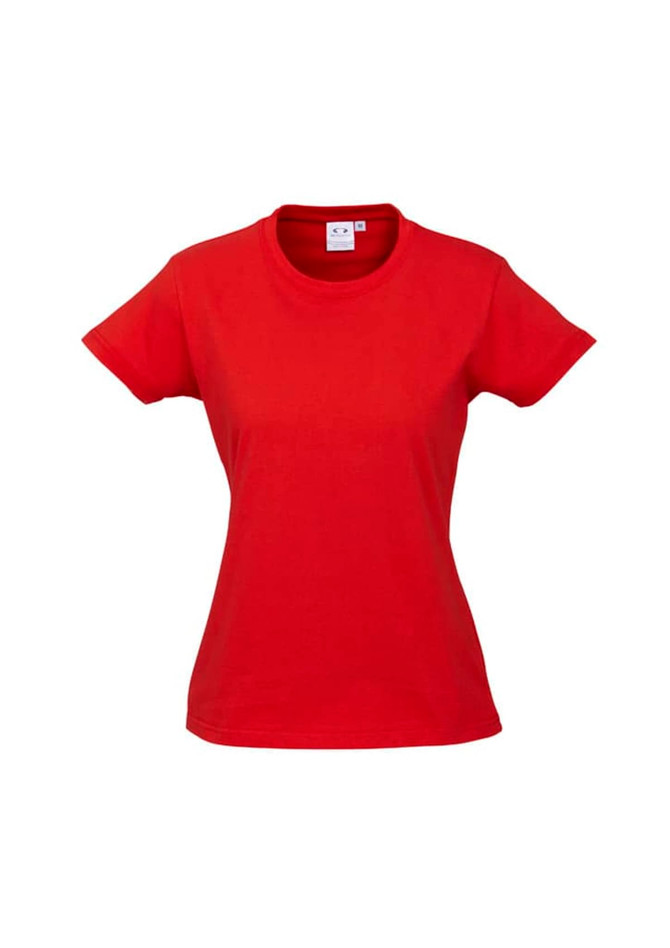 A red women's short sleeve tee with a fitted design and a small logo on the label.