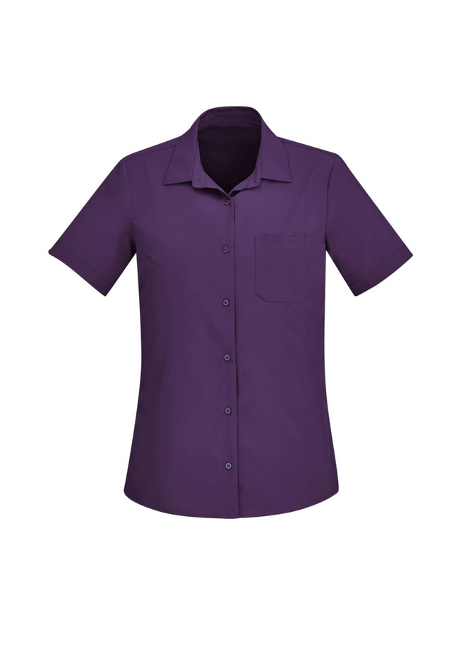 A plain short sleeve shirt in a rich purple colour, featuring a button-down front and a chest pocket.