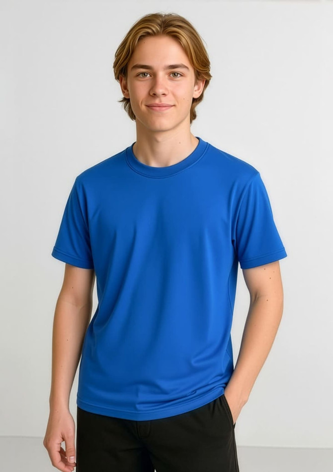 A short-sleeve tee in bright blue, featuring a simple design and a logo on the front.