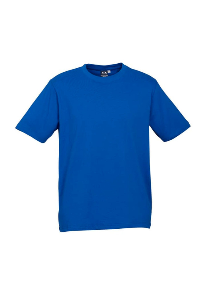 A blue short sleeve t-shirt featuring a crew neck design and a logo on the tag.