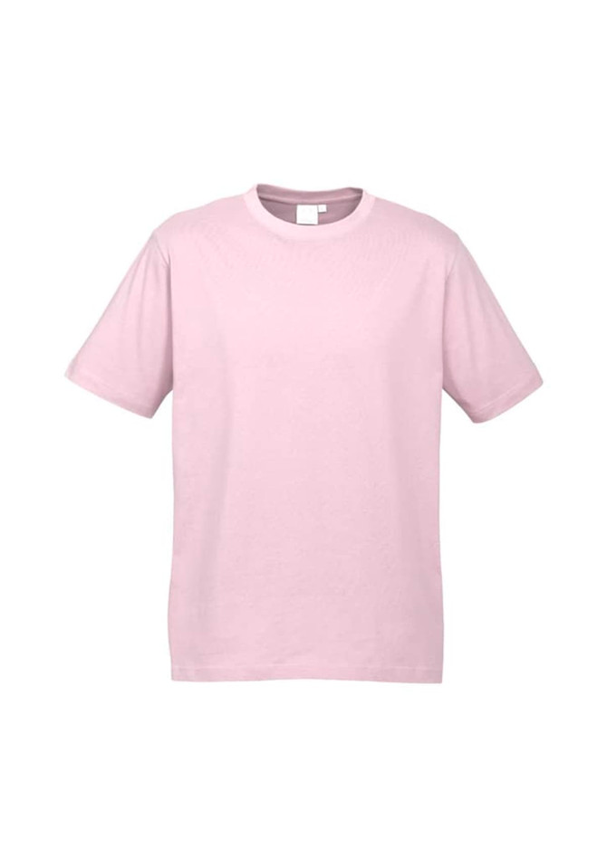 A pink short sleeve tee made from soft fabric, featuring a round neckline and an unembellished design.