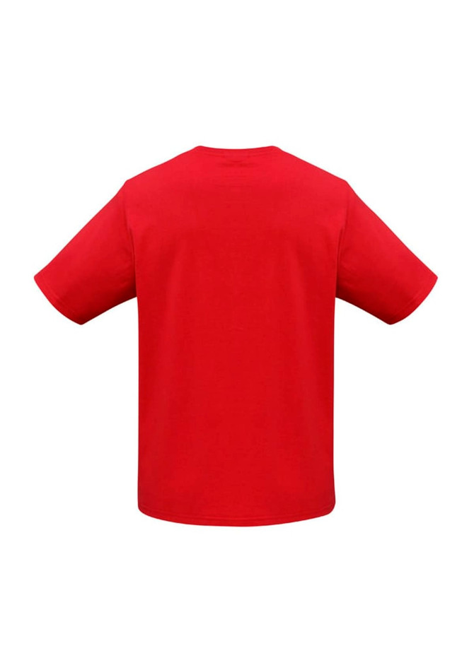 A red short sleeve tee featuring a plain design and a logo on the back.